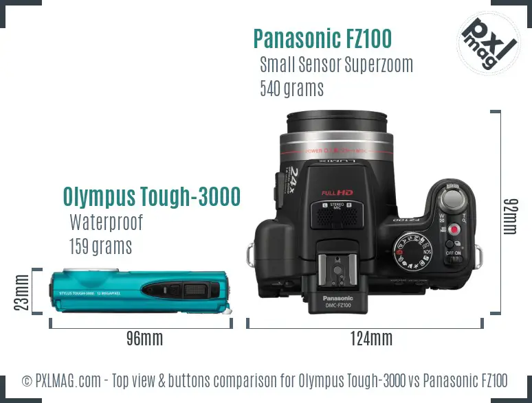 Olympus Tough-3000 vs Panasonic FZ100 top view buttons comparison