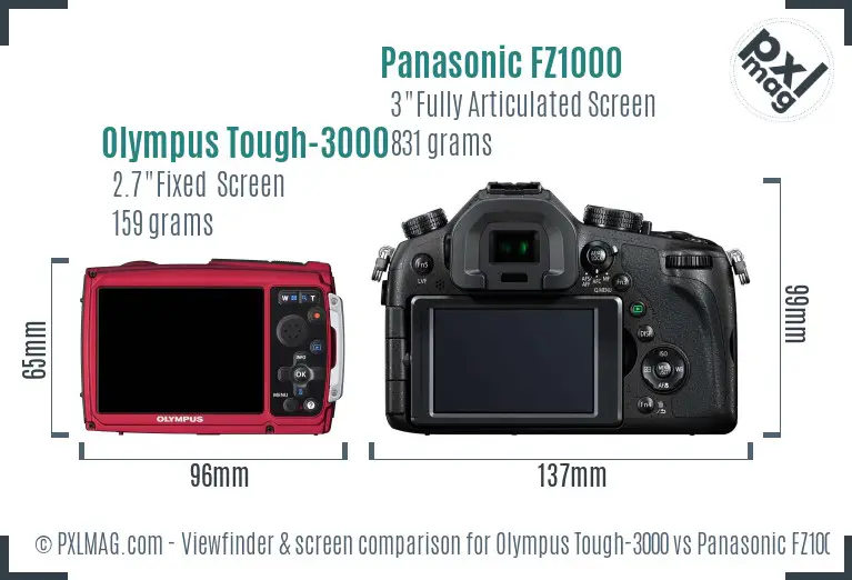 Olympus Tough-3000 vs Panasonic FZ1000 Screen and Viewfinder comparison