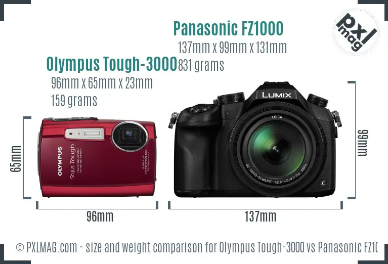 Olympus Tough-3000 vs Panasonic FZ1000 size comparison