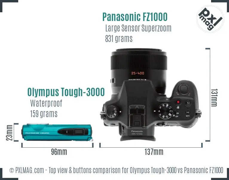 Olympus Tough-3000 vs Panasonic FZ1000 top view buttons comparison