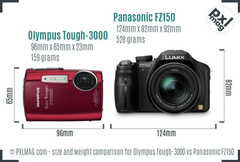 Olympus Tough-3000 vs Panasonic FZ150 size comparison Olympus Tough-3000 vs Panasonic FZ150 size comparison