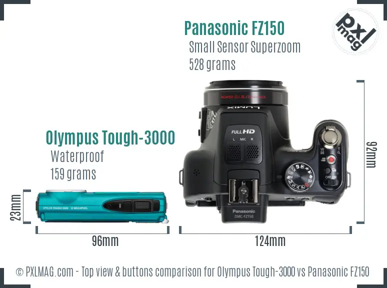 Olympus Tough-3000 vs Panasonic FZ150 top view buttons comparison Olympus Tough-3000 vs Panasonic FZ150 top view buttons comparison