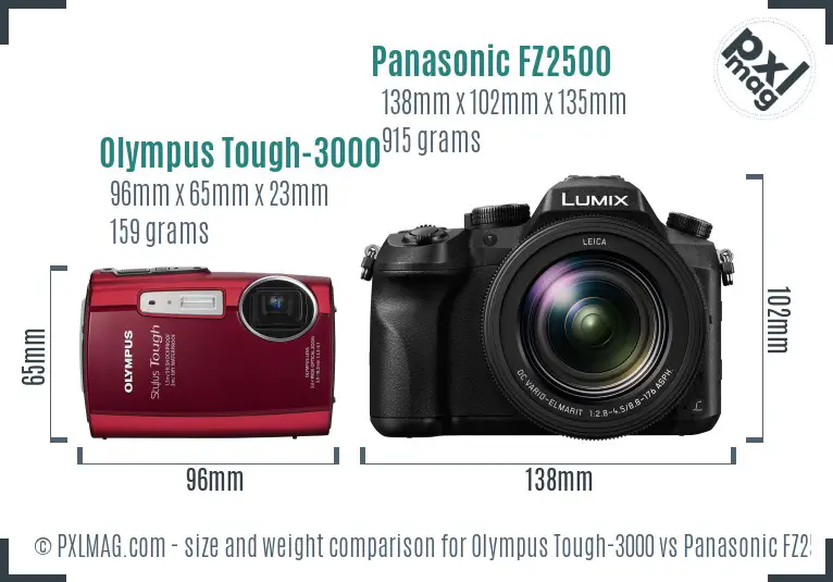 Olympus Tough-3000 vs Panasonic FZ2500 size comparison Olympus Tough-3000 vs Panasonic FZ2500 size comparison