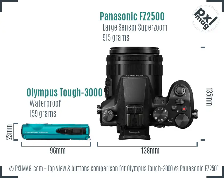 Olympus Tough-3000 vs Panasonic FZ2500 top view buttons comparison Olympus Tough-3000 vs Panasonic FZ2500 top view buttons comparison