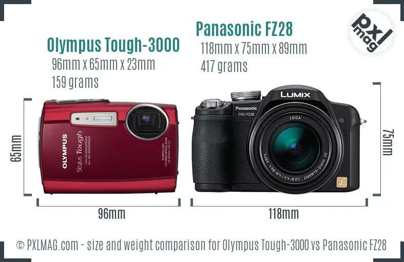 Olympus Tough-3000 vs Panasonic FZ28 size comparison