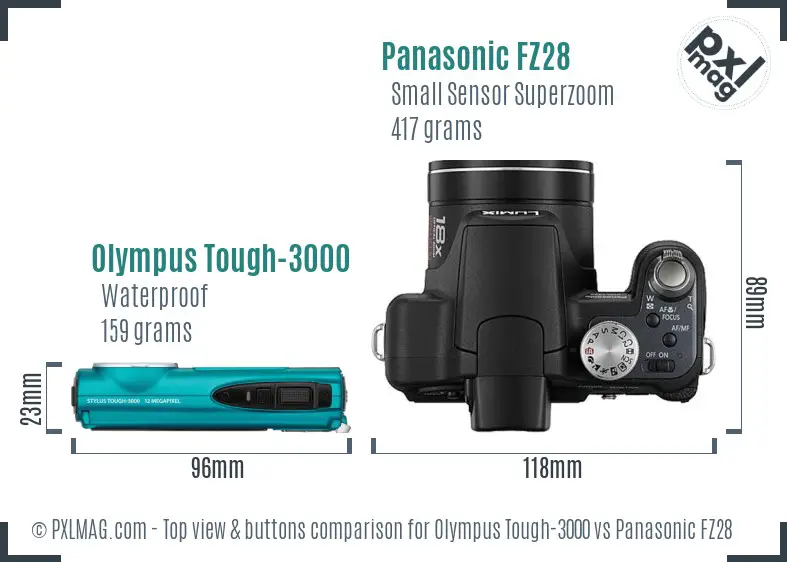 Olympus Tough-3000 vs Panasonic FZ28 top view buttons comparison