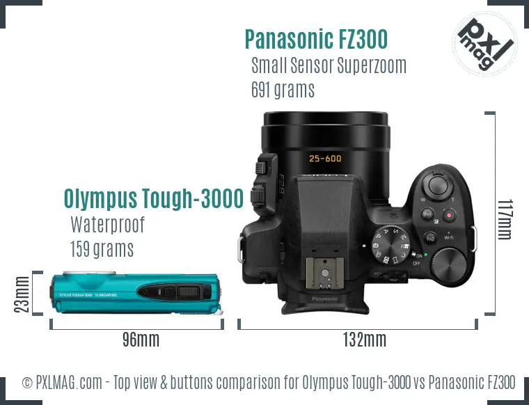 Olympus Tough-3000 vs Panasonic FZ300 top view buttons comparison