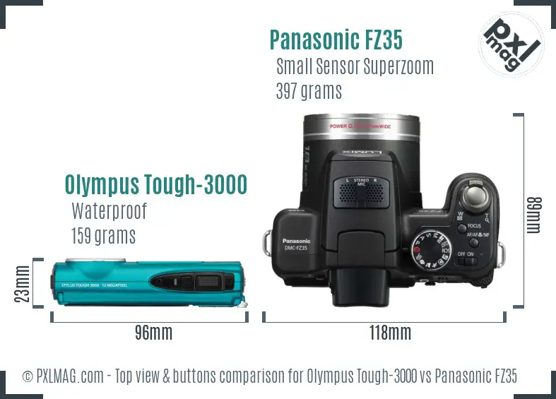 Olympus Tough-3000 vs Panasonic FZ35 top view buttons comparison Olympus Tough-3000 vs Panasonic FZ35 top view buttons comparison