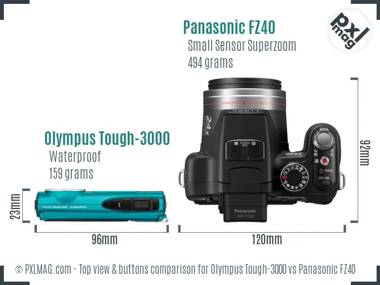 Olympus Tough-3000 vs Panasonic FZ40 top view buttons comparison Olympus Tough-3000 vs Panasonic FZ40 top view buttons comparison