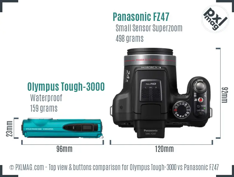 Olympus Tough-3000 vs Panasonic FZ47 top view buttons comparison
