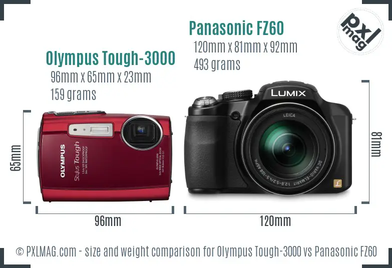 Olympus Tough-3000 vs Panasonic FZ60 size comparison Olympus Tough-3000 vs Panasonic FZ60 size comparison