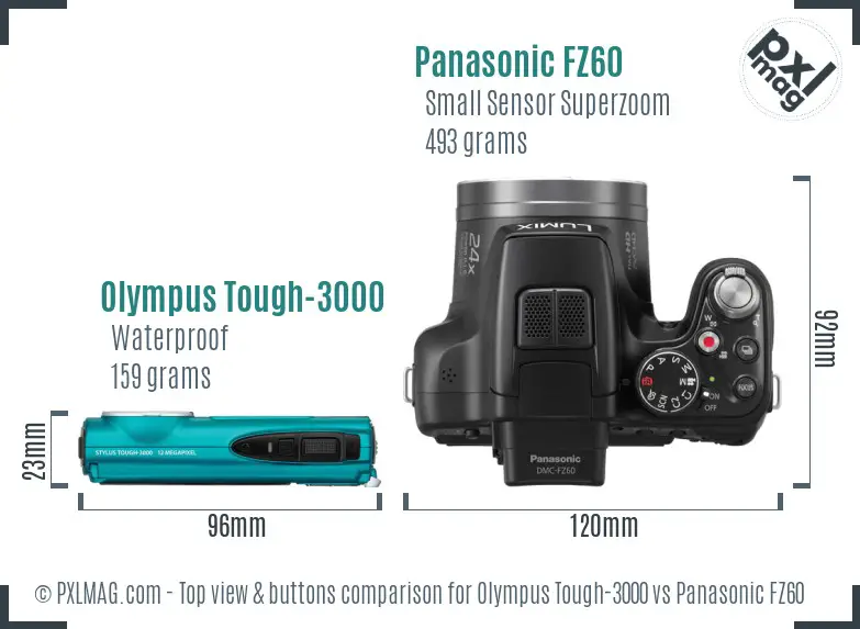 Olympus Tough-3000 vs Panasonic FZ60 top view buttons comparison Olympus Tough-3000 vs Panasonic FZ60 top view buttons comparison