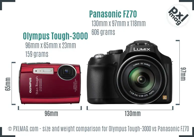 Olympus Tough-3000 vs Panasonic FZ70 size comparison