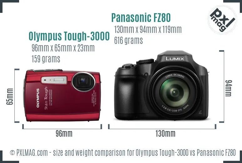 Olympus Tough-3000 vs Panasonic FZ80 size comparison