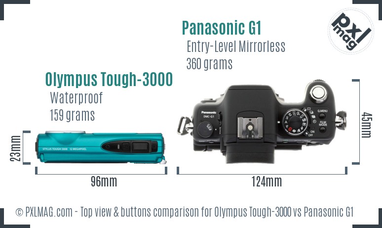 Olympus Tough-3000 vs Panasonic G1 top view buttons comparison