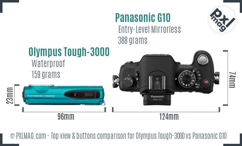 Olympus Tough-3000 vs Panasonic G10 top view buttons comparison