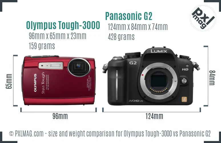 Olympus Tough-3000 vs Panasonic G2 size comparison