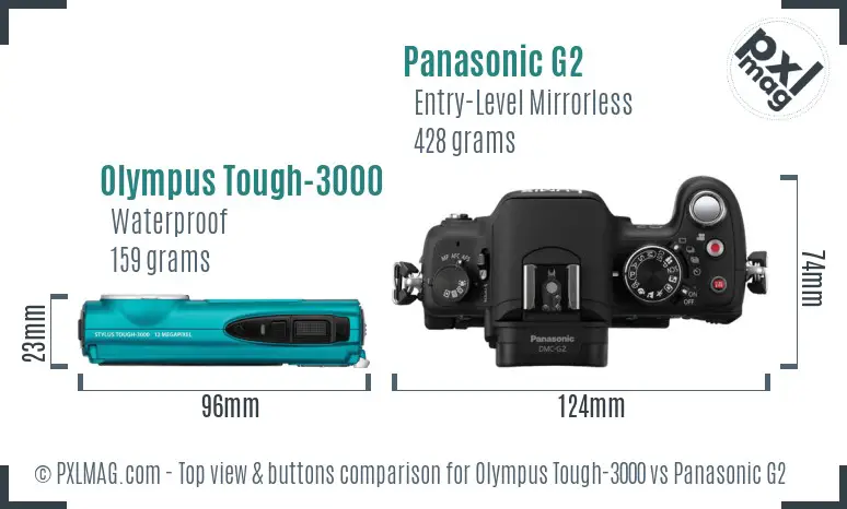 Olympus Tough-3000 vs Panasonic G2 top view buttons comparison