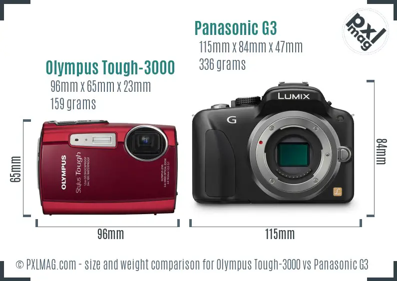 Olympus Tough-3000 vs Panasonic G3 size comparison