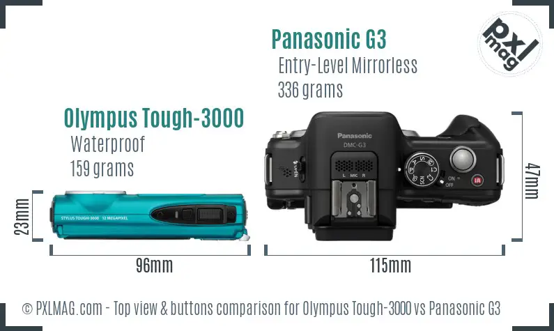 Olympus Tough-3000 vs Panasonic G3 top view buttons comparison