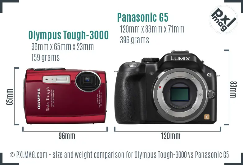 Olympus Tough-3000 vs Panasonic G5 size comparison