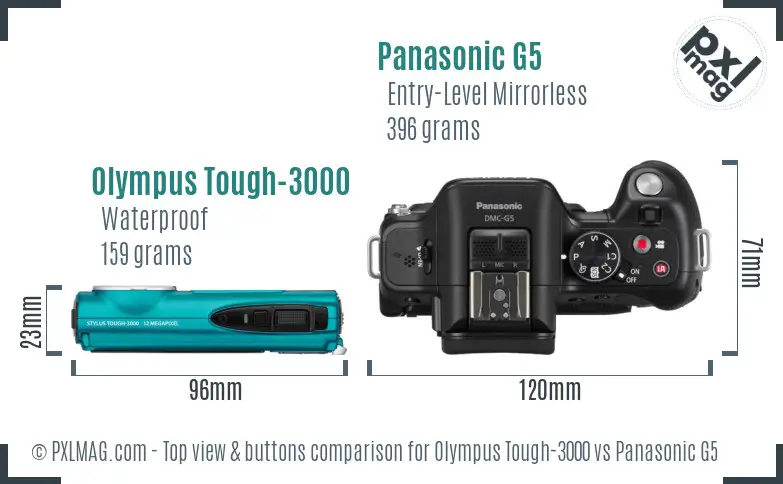 Olympus Tough-3000 vs Panasonic G5 top view buttons comparison