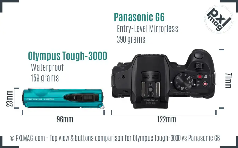 Olympus Tough-3000 vs Panasonic G6 top view buttons comparison