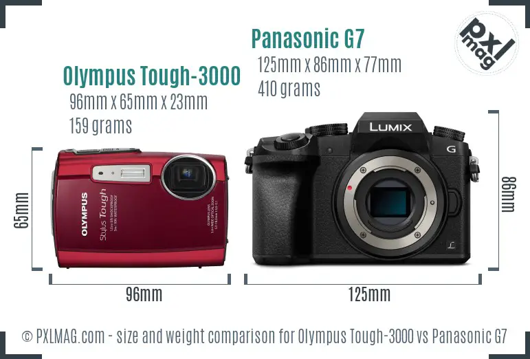 Olympus Tough-3000 vs Panasonic G7 size comparison