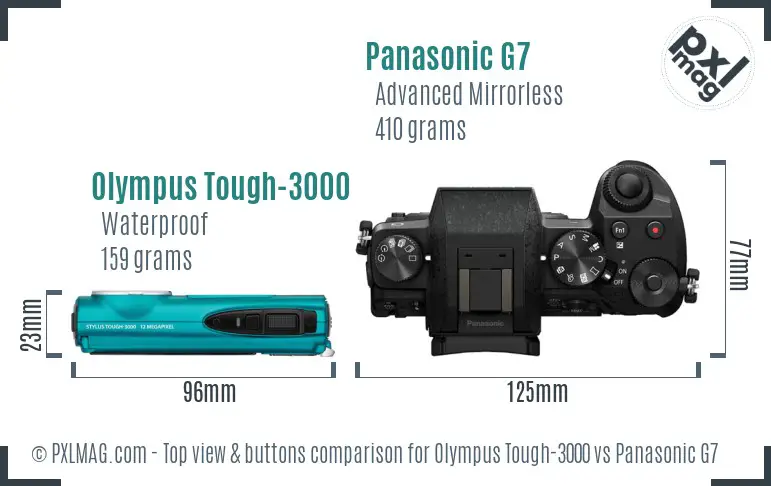 Olympus Tough-3000 vs Panasonic G7 top view buttons comparison