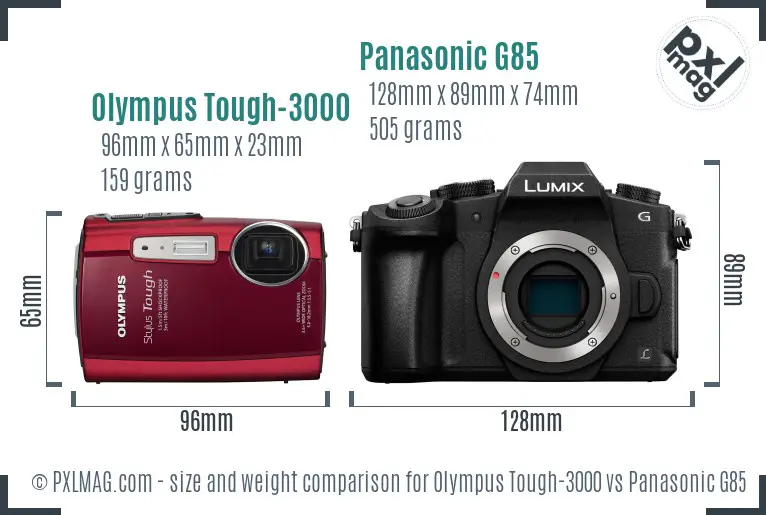 Olympus Tough-3000 vs Panasonic G85 size comparison Olympus Tough-3000 vs Panasonic G85 size comparison