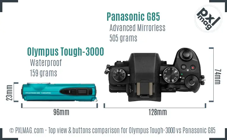 Olympus Tough-3000 vs Panasonic G85 top view buttons comparison Olympus Tough-3000 vs Panasonic G85 top view buttons comparison