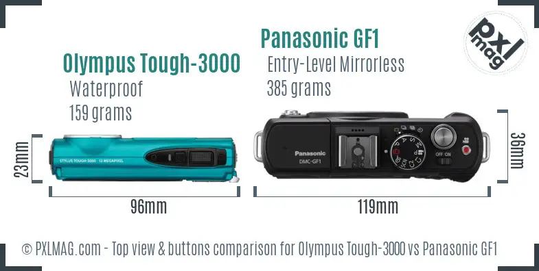 Olympus Tough-3000 vs Panasonic GF1 top view buttons comparison