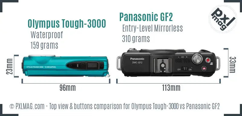 Olympus Tough-3000 vs Panasonic GF2 top view buttons comparison