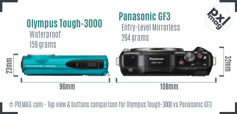 Olympus Tough-3000 vs Panasonic GF3 top view buttons comparison
