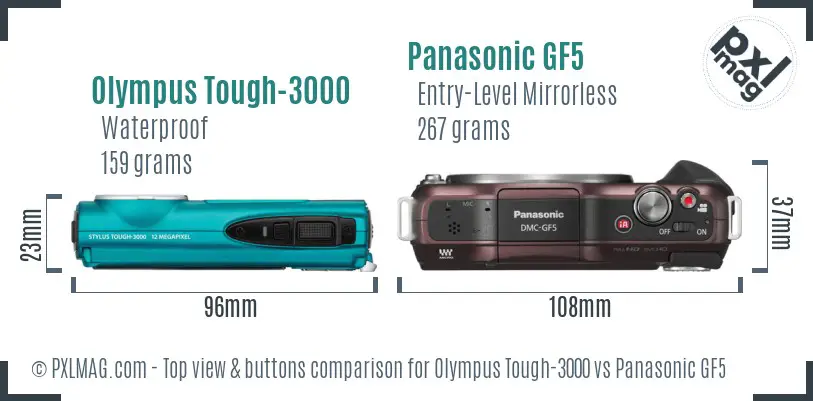 Olympus Tough-3000 vs Panasonic GF5 top view buttons comparison