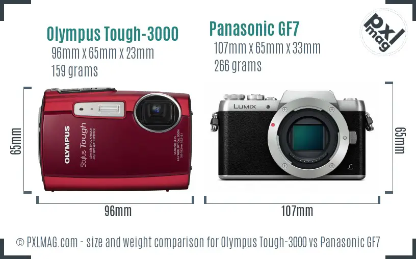 Olympus Tough-3000 vs Panasonic GF7 size comparison