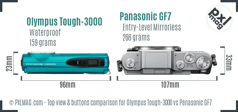 Olympus Tough-3000 vs Panasonic GF7 top view buttons comparison