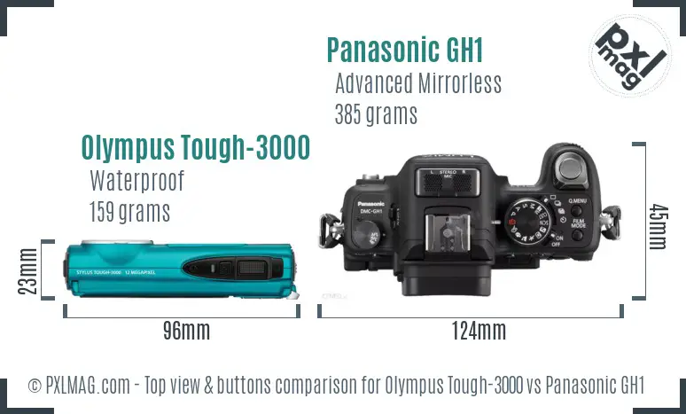Olympus Tough-3000 vs Panasonic GH1 top view buttons comparison
