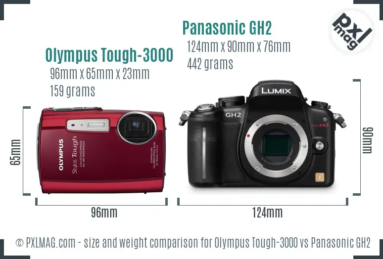 Olympus Tough-3000 vs Panasonic GH2 size comparison