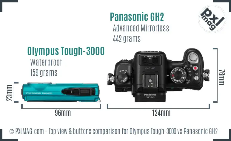 Olympus Tough-3000 vs Panasonic GH2 top view buttons comparison