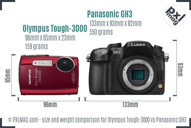 Olympus Tough-3000 vs Panasonic GH3 size comparison