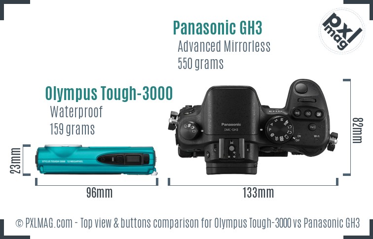 Olympus Tough-3000 vs Panasonic GH3 top view buttons comparison