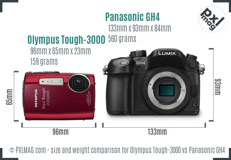 Olympus Tough-3000 vs Panasonic GH4 size comparison Olympus Tough-3000 vs Panasonic GH4 size comparison