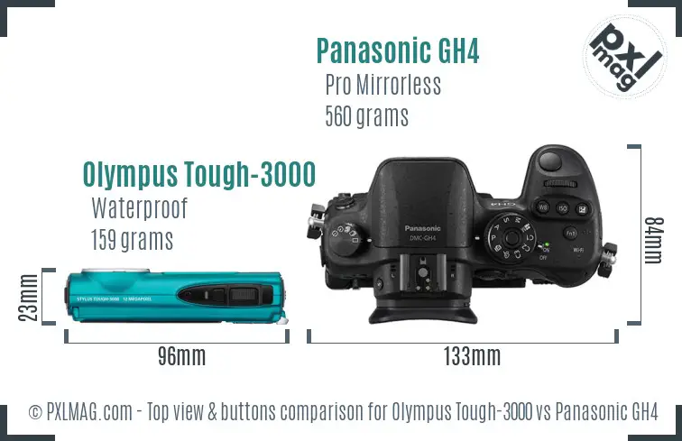 Olympus Tough-3000 vs Panasonic GH4 top view buttons comparison