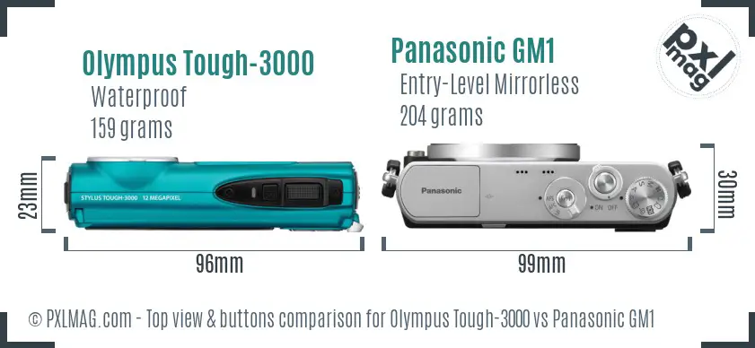 Olympus Tough-3000 vs Panasonic GM1 top view buttons comparison