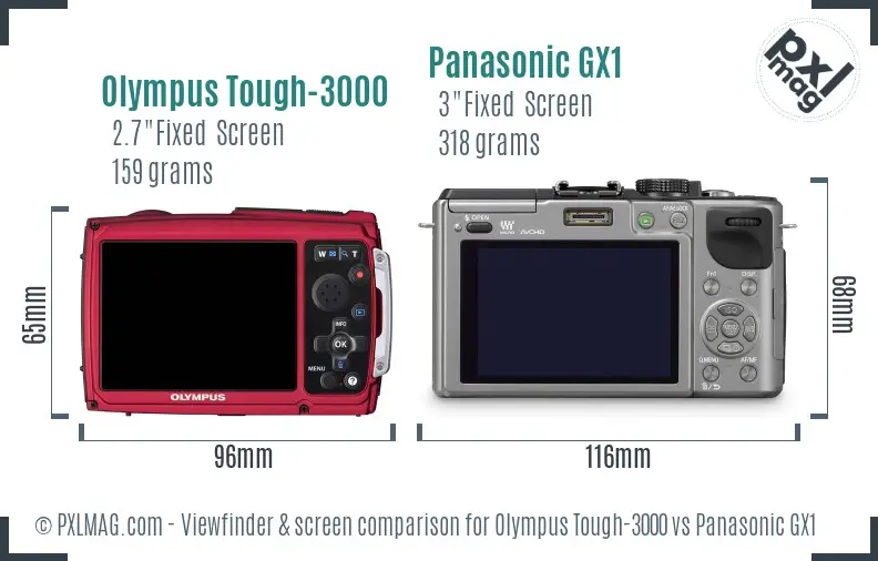 Olympus Tough-3000 vs Panasonic GX1 Screen and Viewfinder comparison Olympus Tough-3000 vs Panasonic GX1 Screen and Viewfinder comparison