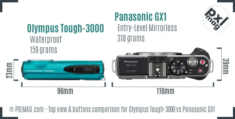 Olympus Tough-3000 vs Panasonic GX1 top view buttons comparison Olympus Tough-3000 vs Panasonic GX1 top view buttons comparison