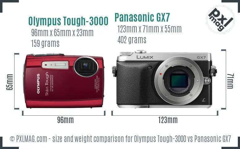 Olympus Tough-3000 vs Panasonic GX7 size comparison Olympus Tough-3000 vs Panasonic GX7 size comparison