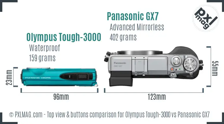 Olympus Tough-3000 vs Panasonic GX7 top view buttons comparison Olympus Tough-3000 vs Panasonic GX7 top view buttons comparison