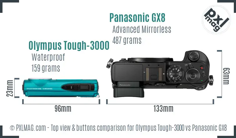 Olympus Tough-3000 vs Panasonic GX8 top view buttons comparison Olympus Tough-3000 vs Panasonic GX8 top view buttons comparison